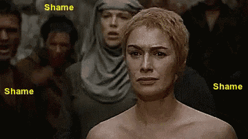 a naked woman stands in front of a crowd with the words shame and shame written above her