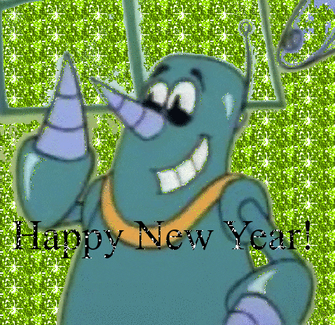 a happy new year greeting card with a robot