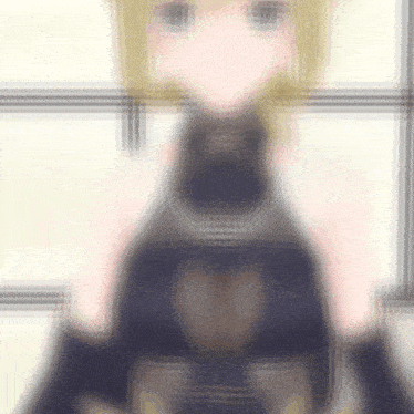 a blurry picture of a blonde anime girl wearing a black dress