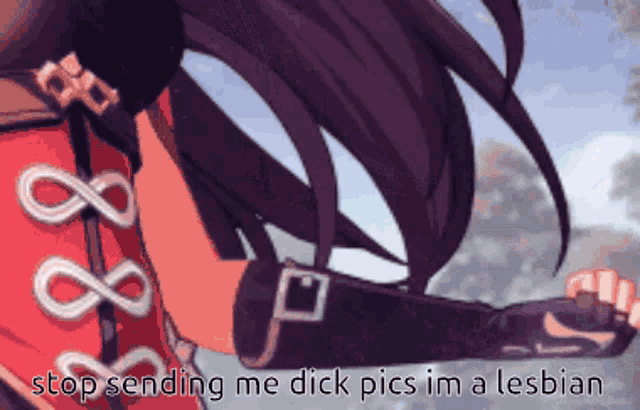 a picture of a girl with the words stop sending me dick pics im a lesbian on it