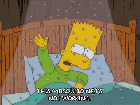 bart simpson is laying in bed with mosquitoes flying around him and says " this mosquito nets not working "
