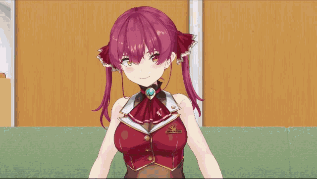 a girl with red hair and white gloves is giving the peace sign
