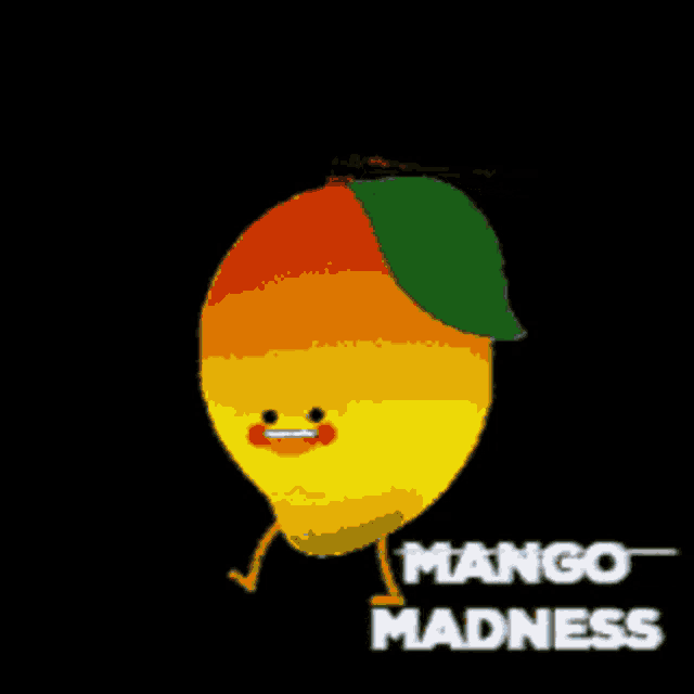 a cartoon illustration of a mango with the words mango madness written below it