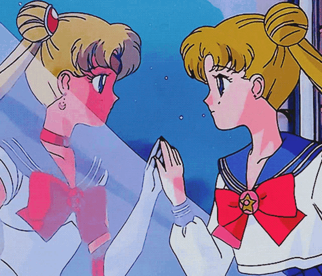 a cartoon of two girls looking at their reflection in a mirror