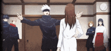 a group of anime characters are standing around a woman in a white dress .