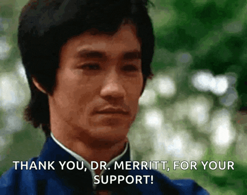 a man in a blue jacket says thank you dr. merritt for your support
