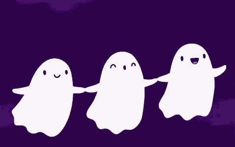 three ghosts are holding hands on a purple background and dancing .