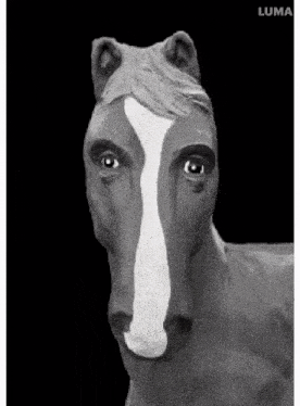 a statue of a horse with a white nose and a black background