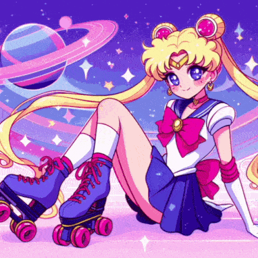 a drawing of a girl wearing roller skates with a planet in the background
