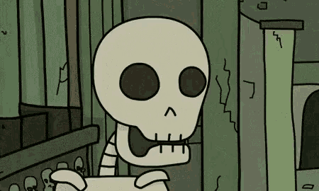 a cartoon skeleton is standing in front of a window in a room .