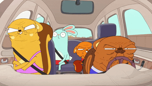 three cartoon characters are sitting in a car