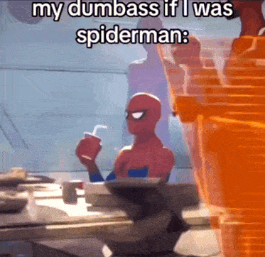 a cartoon of a man in a spiderman costume sitting at a table drinking a drink with a straw .