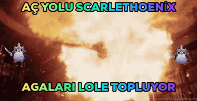 two penguins are standing in front of an explosion with the words scarlethoenix agalari lole topluyor