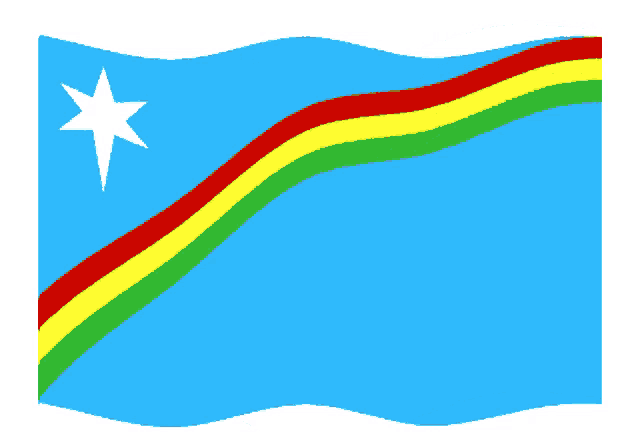 a blue flag with a red yellow and green rainbow and a white star