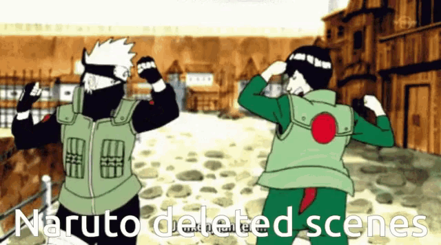 a cartoon of kakashi and rock lee with the words naruto deleted scenes