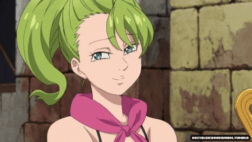 a picture of a girl with green hair and a pink scarf with the words nostalgiarocknroll.tumblr below it