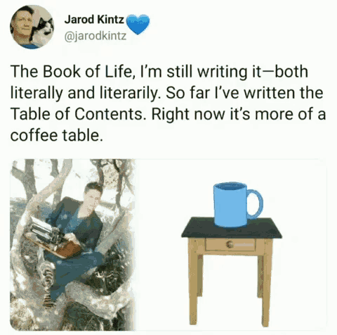 a twitter post by jarod kintz shows a man sitting in a tree with a typewriter