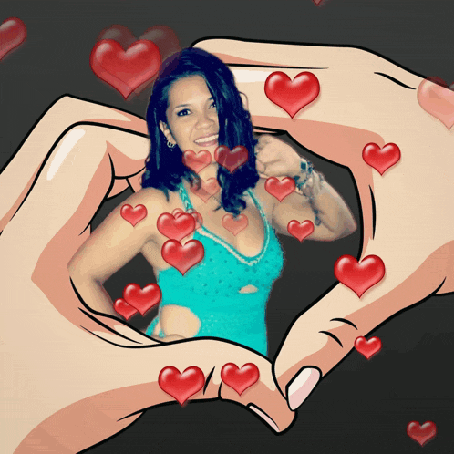 a woman in a blue dress is surrounded by red hearts making a heart shape