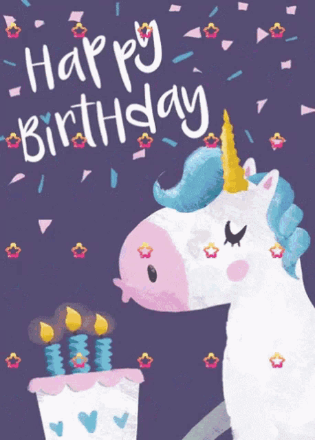 a birthday card with a unicorn and a cake