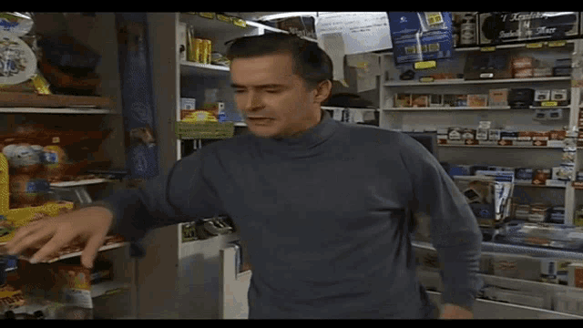 a man standing in a store with the words ziekte verbeelding written on the bottom