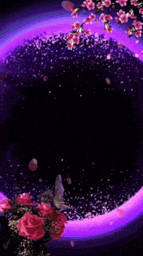 a woman 's face is surrounded by pink flowers and a purple circle with gwen written on it