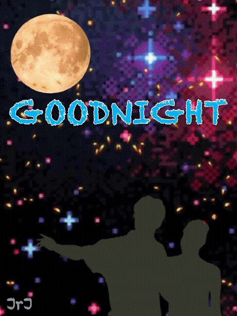 a poster that says goodnight with two people looking at the moon