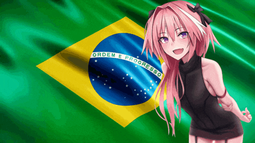 a girl with pink hair is standing in front of a brazilian flag that says ordem e progresso