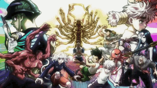 a group of anime characters are gathered around a large spider