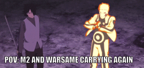 two anime characters standing next to each other with the caption pov m2 and warsame carrying again