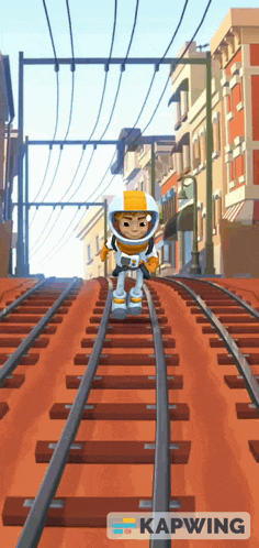 a cartoon character is walking down train tracks with kapwing in the bottom right corner
