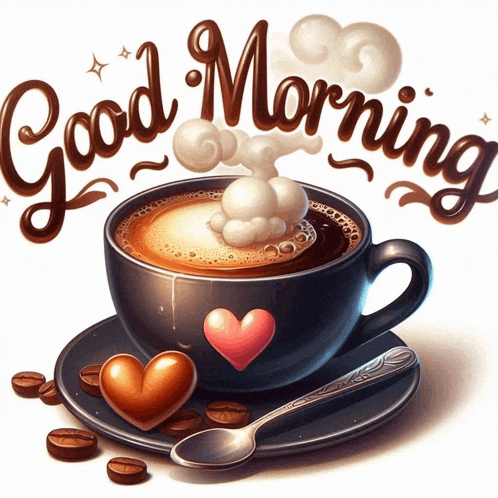 a cup of coffee on a saucer with the words good morning written on it