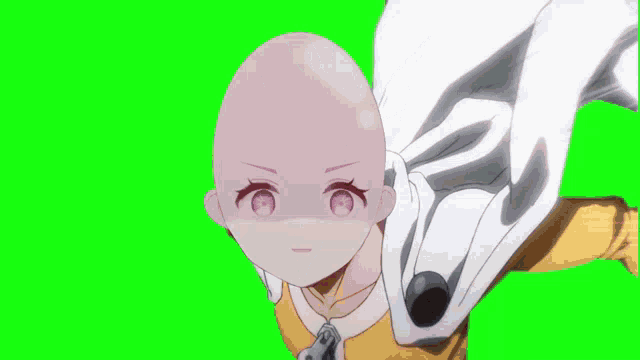 a cartoon character with a bald head and pink eyes on a green screen