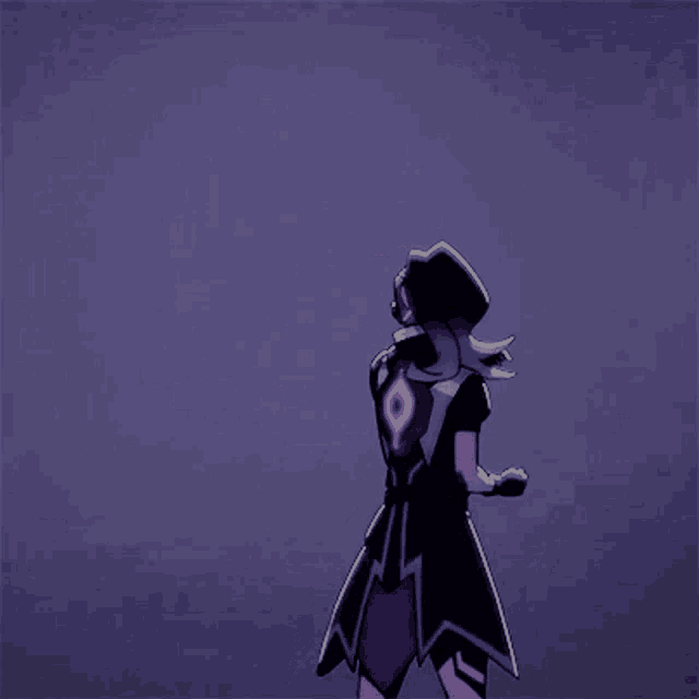 a purple and black cartoon character is standing in a dark room
