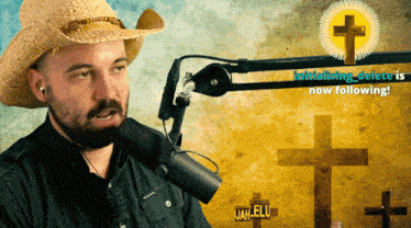 a man wearing a cowboy hat stands in front of a microphone with the words " initializing delete is now following " above him