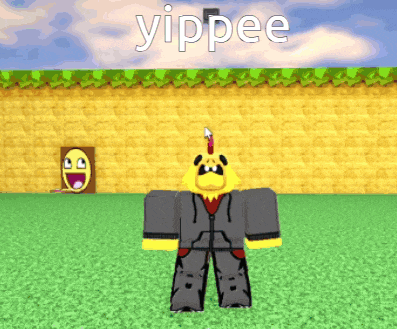 a cartoon character standing in a grassy field with the word yippee written above him