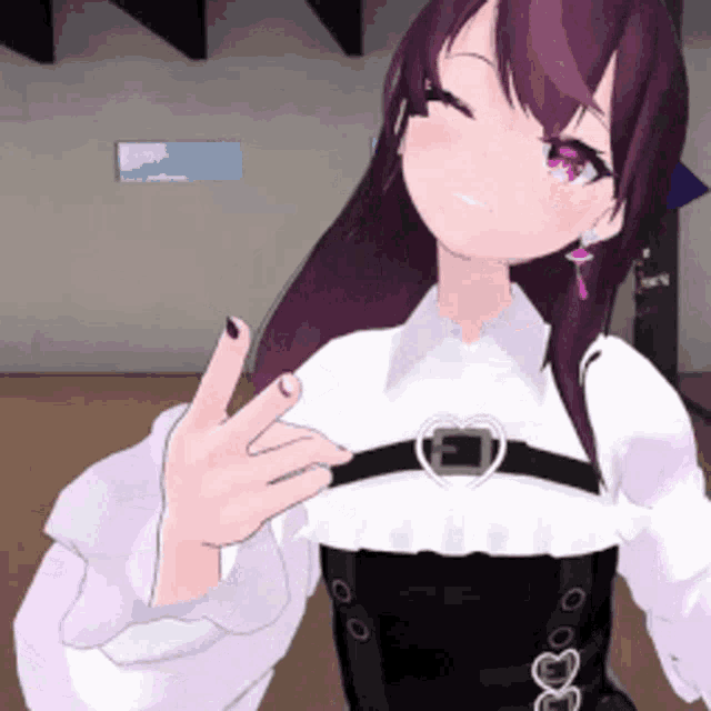 a girl with purple hair is wearing a white shirt