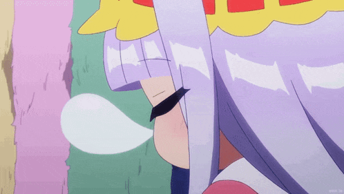 a cartoon girl with purple hair and a yellow flower on her head looks at something