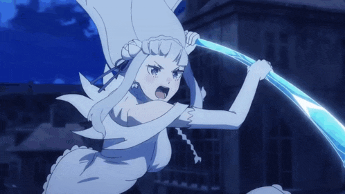 a girl with white hair is holding a blue sword