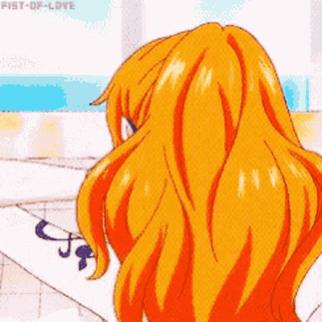 a cartoon of a girl with long orange hair and the words fist of love below her
