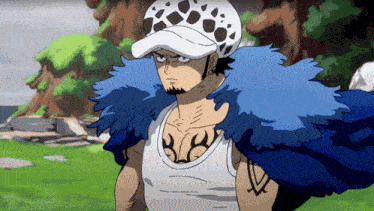 a cartoon character wearing a white tank top and a white hat