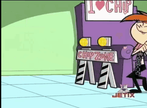 a cartoon character is standing in front of a chip zone