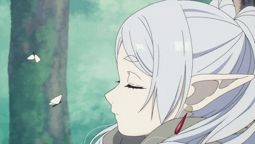 a close up of a girl with white hair and butterfly flying around her