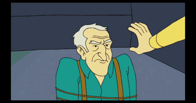 a cartoon of an older man tied up with a yellow hand