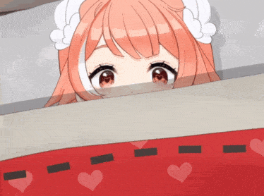 a girl with red eyes is peeking out from behind a blanket