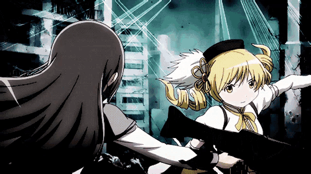 a girl with blonde hair is holding a gun