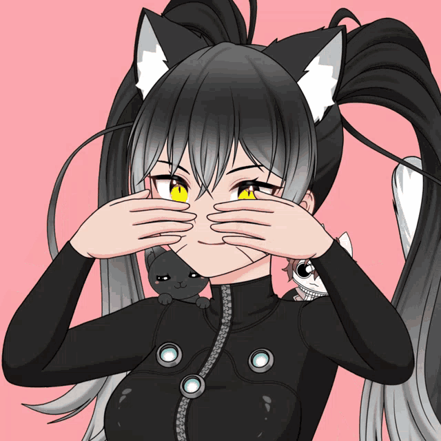 a girl with a cat ear covering her eyes