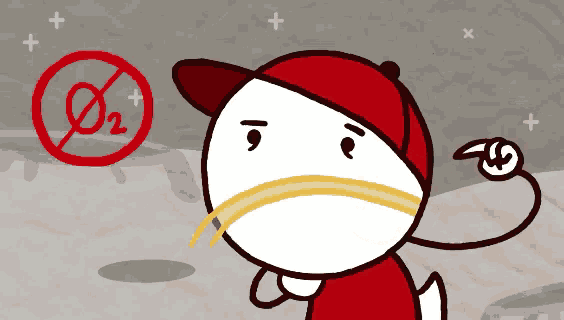 a cartoon character wearing a red hat with a no o2 symbol in the background