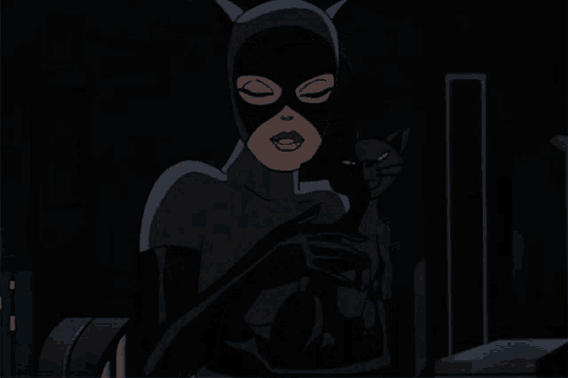 a cartoon of catwoman with her eyes closed and a cat on her lap