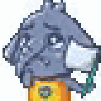 a pixel art drawing of a dog wearing a helmet and holding a plant .