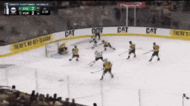 a hockey game is being played in a stadium with a cat advertisement on the ice